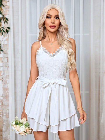 Women's Lace Patchwork Spaghetti Strap Romper Romper T Shirt