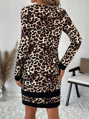 Women's Leopard Color Block Crew Neck Long Sleeve Bodycon Dress