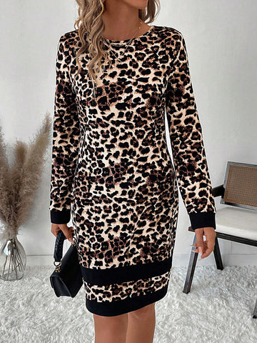 Women's Leopard Color Block Crew Neck Long Sleeve Bodycon Dress