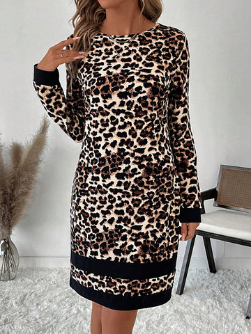 Women's Leopard Color Block Crew Neck Long Sleeve Bodycon Dress