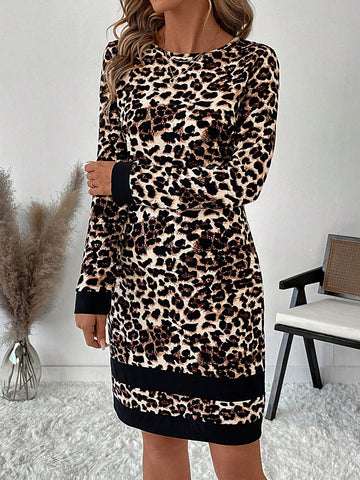 Women's Leopard Color Block Crew Neck Long Sleeve Bodycon Dress