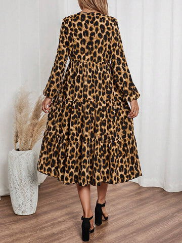 Women's Leopard Print Bowknot Trim Ruffle Hem Mid-Length Dress, Spring & Summer