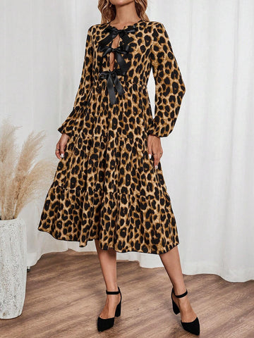 Women's Leopard Print Bowknot Trim Ruffle Hem Mid-Length Dress, Spring & Summer