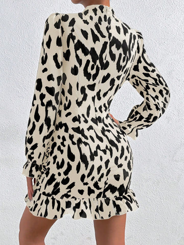 Women's Leopard Print Collar Puff Sleeve Ruched Bodycon Mini Dress