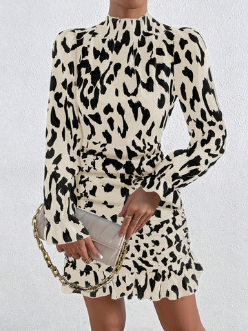 Women's Leopard Print Collar Puff Sleeve Ruched Bodycon Mini Dress
