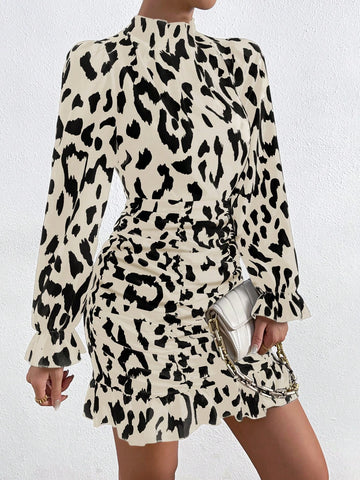 Women's Leopard Print Collar Puff Sleeve Ruched Bodycon Mini Dress