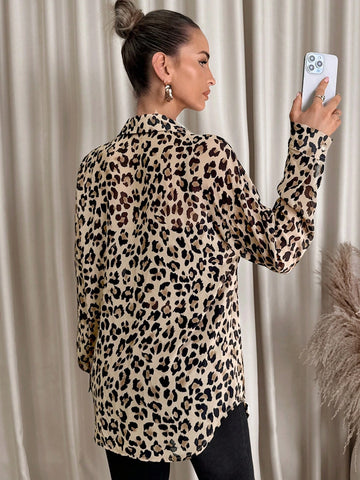 Clasi Women's Leopard Print Front Button Long Sleeve Shirt Collar Blouse, Minimalist Style