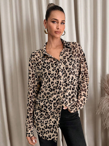 Clasi Women's Leopard Print Front Button Long Sleeve Shirt Collar Blouse, Minimalist Style