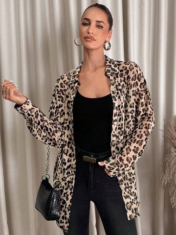 Clasi Women's Leopard Print Front Button Long Sleeve Shirt Collar Blouse, Minimalist Style