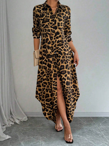 Women's Leopard Print Long Sleeve Button Front Dress, Casual Resort