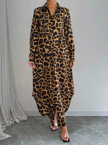 Women's Leopard Print Long Sleeve Button Front Dress, Casual Resort
