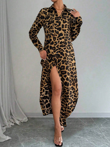 Women's Leopard Print Long Sleeve Button Front Dress, Casual Resort