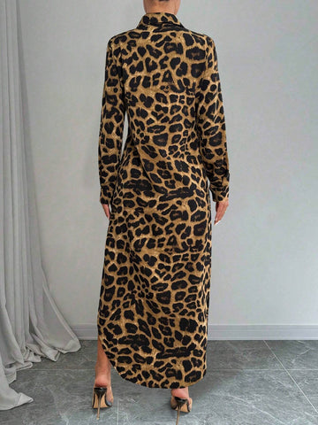 Women's Leopard Print Long Sleeve Button Front Dress, Casual Resort