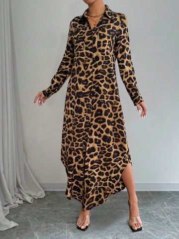 Women's Leopard Print Long Sleeve Button Front Dress, Casual Resort