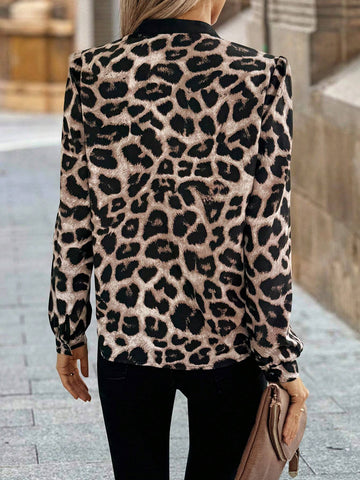 Clasi Women's Leopard Print Long Sleeve Front Tie Up Fashion Shirt, Autumn