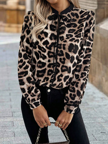 Clasi Women's Leopard Print Long Sleeve Front Tie Up Fashion Shirt, Autumn