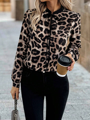 Clasi Women's Leopard Print Long Sleeve Front Tie Up Fashion Shirt, Autumn