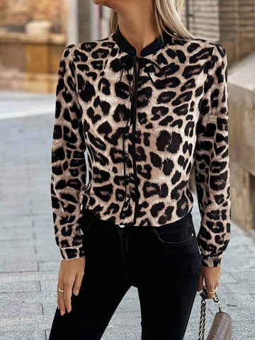 Clasi Women's Leopard Print Long Sleeve Front Tie Up Fashion Shirt, Autumn