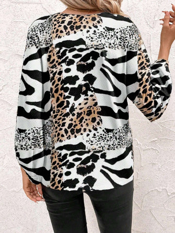 Clasi Women's Leopard Print Long Sleeve V-Neck Blouse, Elegant For Daily Wear, Black & White
