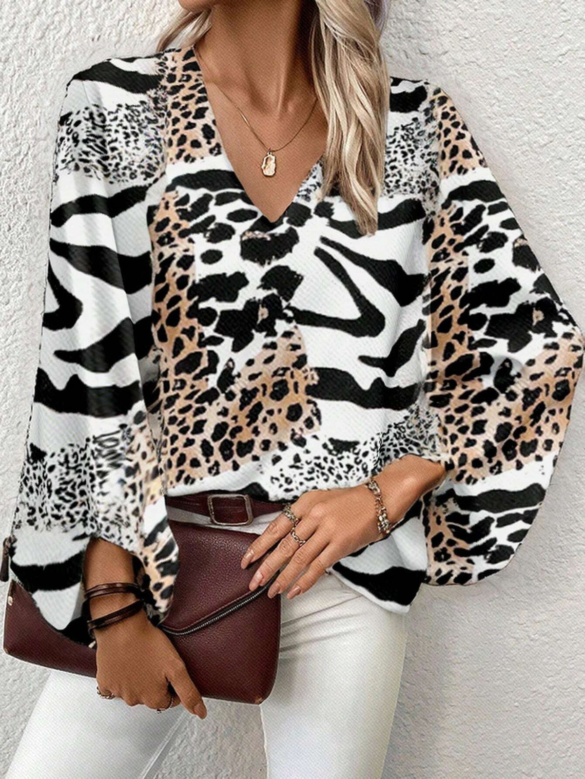 Clasi Women's Leopard Print Long Sleeve V-Neck Blouse, Elegant For Daily Wear, Black & White