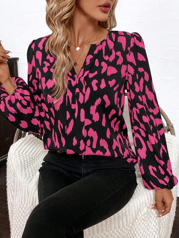 Clasi Women's Leopard Print Loose Fitting V-Neck Long Sleeve Casual Blouse