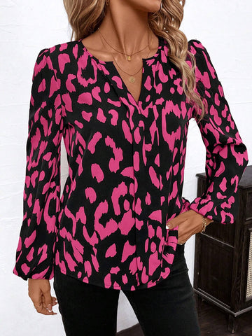 Clasi Women's Leopard Print Loose Fitting V-Neck Long Sleeve Casual Blouse