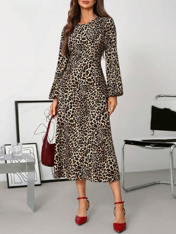 Women's Leopard Print Round Neck Long Sleeve Short Dress
