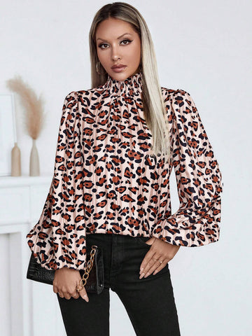 Clasi Women's Leopard Print Ruffle Collar Lantern Sleeve Pleated Blouse, Spring/Summer