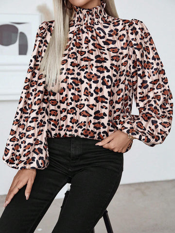 Clasi Women's Leopard Print Ruffle Collar Lantern Sleeve Pleated Blouse, Spring/Summer