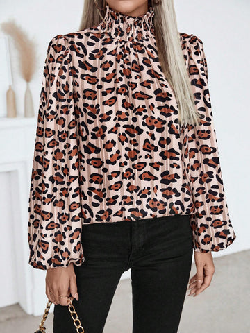Clasi Women's Leopard Print Ruffle Collar Lantern Sleeve Pleated Blouse, Spring/Summer