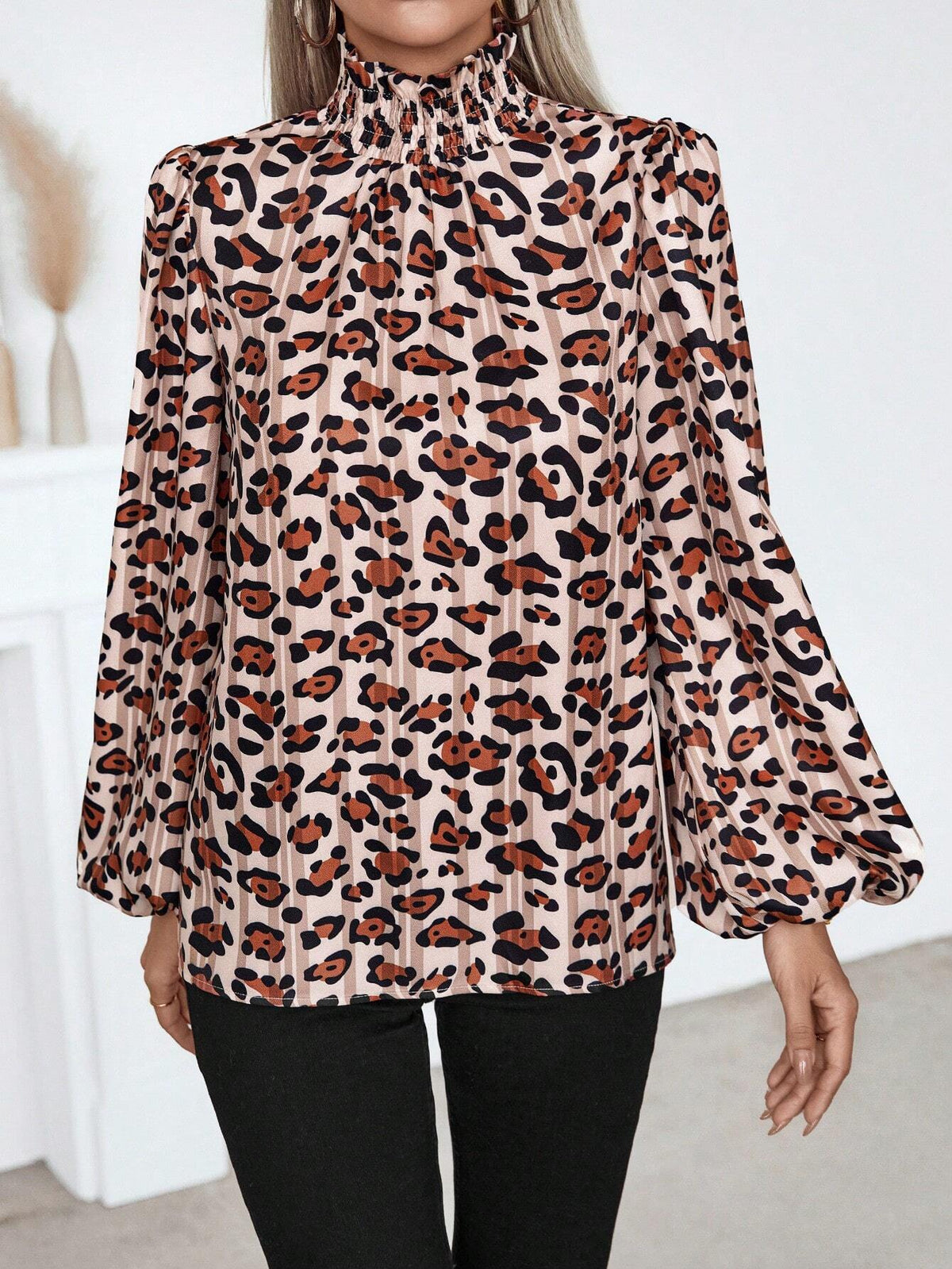 Clasi Women's Leopard Print Ruffle Collar Lantern Sleeve Pleated Blouse, Spring/Summer