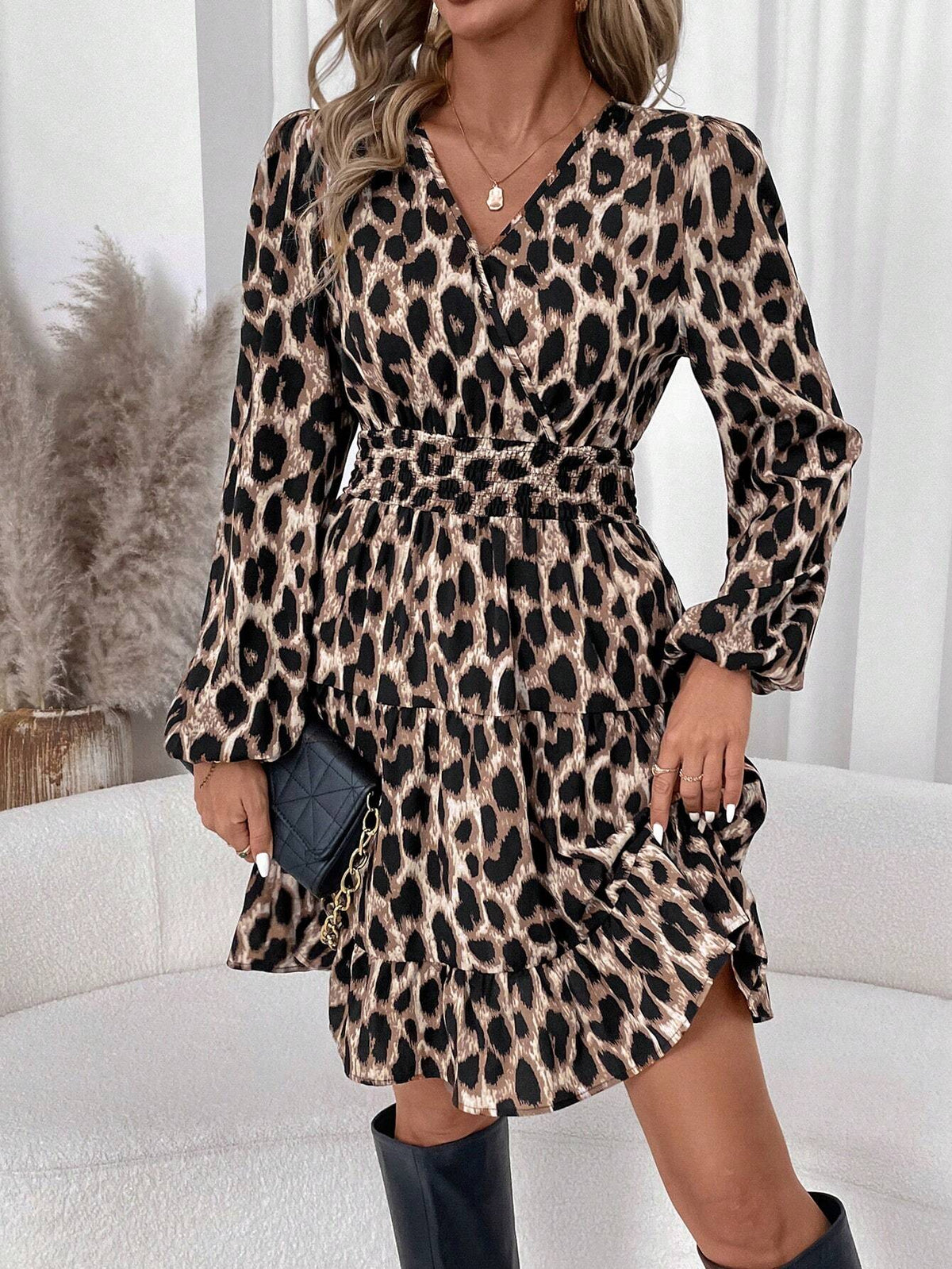 Women's Leopard Print V-Neck Shirred Lantern Sleeve Fit & Flare Ruffled Hem Cinched Waist Min