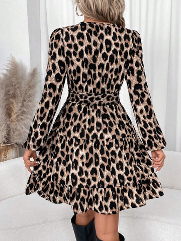 Women's Leopard Print V-Neck Shirred Lantern Sleeve Fit & Flare Ruffled Hem Cinched Waist Min