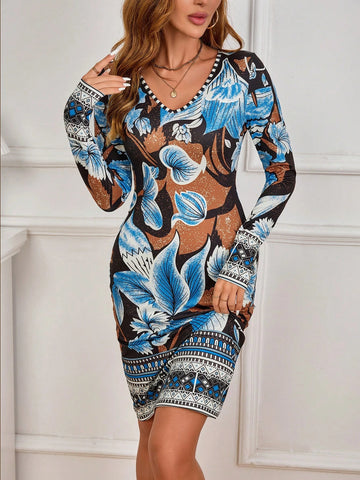 Women's Long-Sleeved Print Blue Dress
