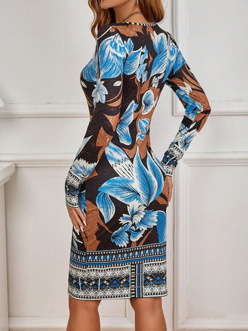 Women's Long-Sleeved Print Blue Dress
