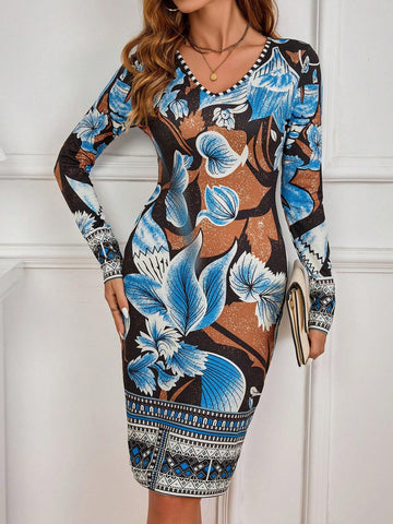 Women's Long-Sleeved Print Blue Dress