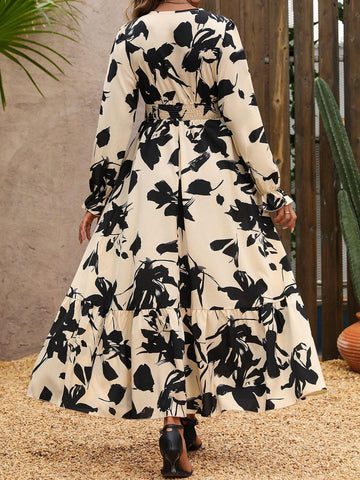 Women's Long Sleeve Allover Print High Waist Summer Maxi Dress