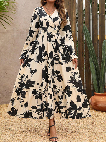 Women's Long Sleeve Allover Print High Waist Summer Maxi Dress