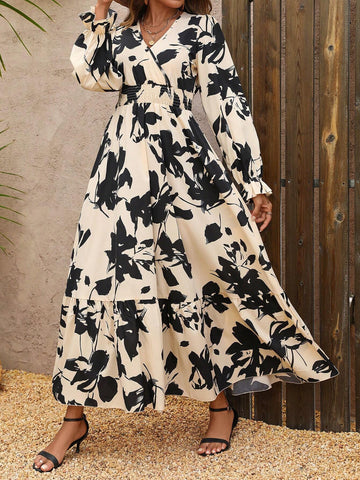Women's Long Sleeve Allover Print High Waist Summer Maxi Dress