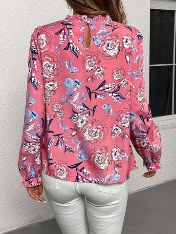 Clasi Women's Long Sleeve Floral Print Blouse With Ruffle Trim, Casual Daily Fall Women