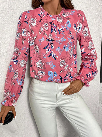 Clasi Women's Long Sleeve Floral Print Blouse With Ruffle Trim, Casual Daily Fall Women