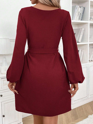 Women's Long Sleeve Puff Sleeve Boat Neck Cinched Waist Bow Tie Short Brown Elegant & Fashionab