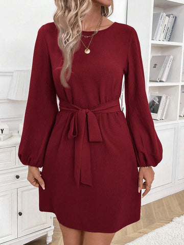 Women's Long Sleeve Puff Sleeve Boat Neck Cinched Waist Bow Tie Short Brown Elegant & Fashionab