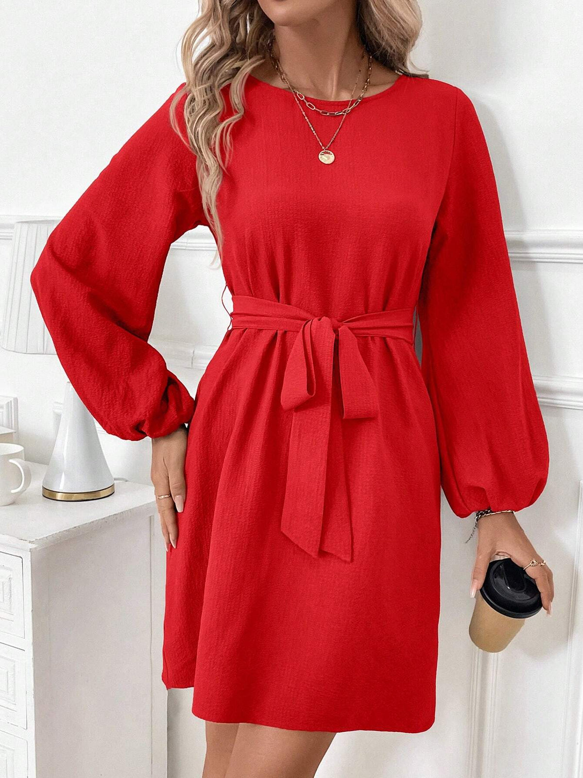 Women's Long Sleeve Puff Sleeve Tie-Waist Bow Accent Short Elegant Fashion Dress, Versatile All-Match Commuter Everyday Wear For Spring, Fall, Winter