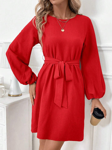 Women's Long Sleeve Puff Sleeve Tie-Waist Bow Accent Short Elegant Fashion Dress, Versatile All-Match Commuter Everyday Wear For Spring, Fall, Winter