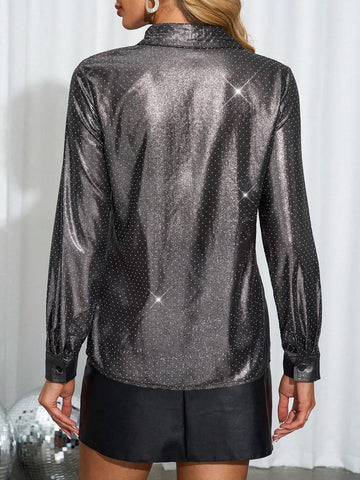 Clasi Women's Long Sleeve Single-Breasted Rhinestone Embellished Party Blouse