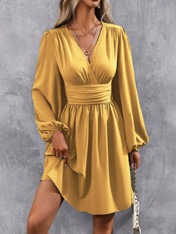 Women's Long Sleeve V-Neck Solid Color Shirred Waist Summer Dress