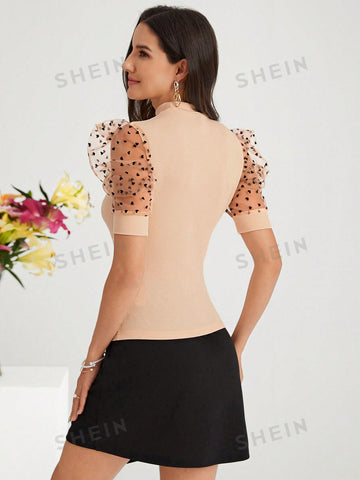 Women's Love Heart Organza Short Puff Sleeve Top And Half Skirt Set With Stand Collar