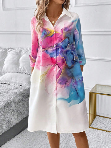 Women's Marble Pattern Long Sleeve Casual Shirt Dress, Spring And Summer