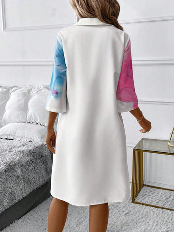 Women's Marble Pattern Long Sleeve Casual Shirt Dress, Spring And Summer